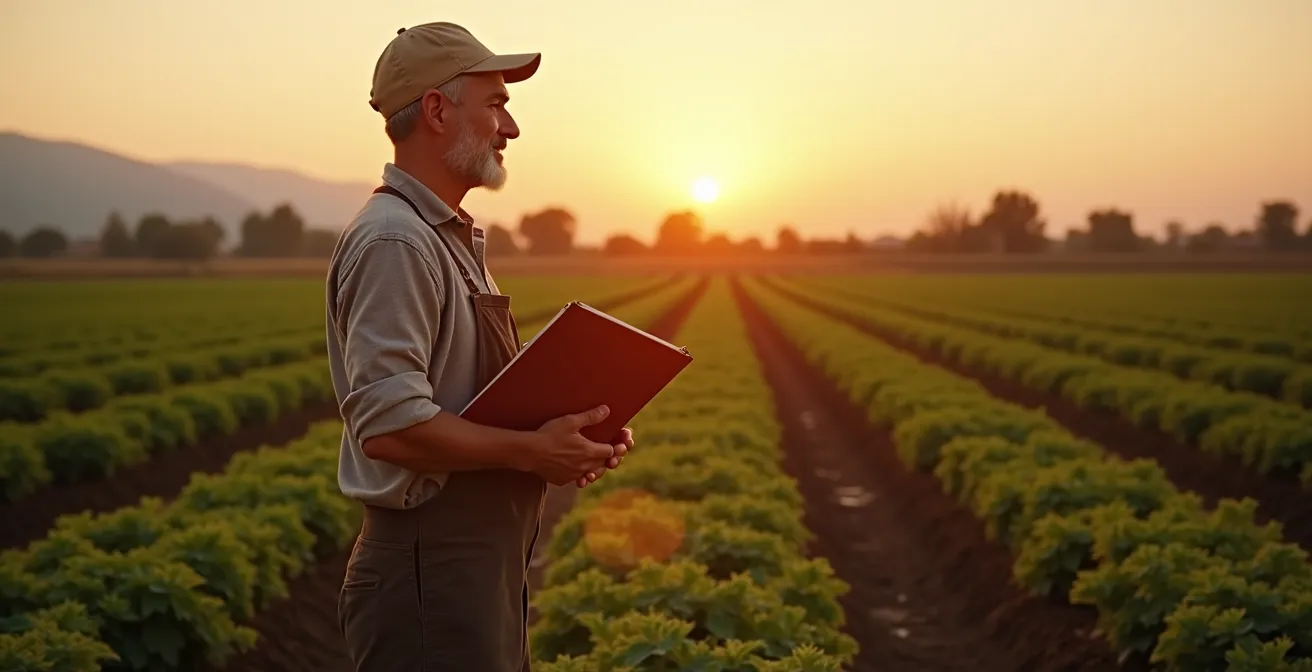 Agricultor enseñando documentación de certificación en campo de cultivo tradicional español