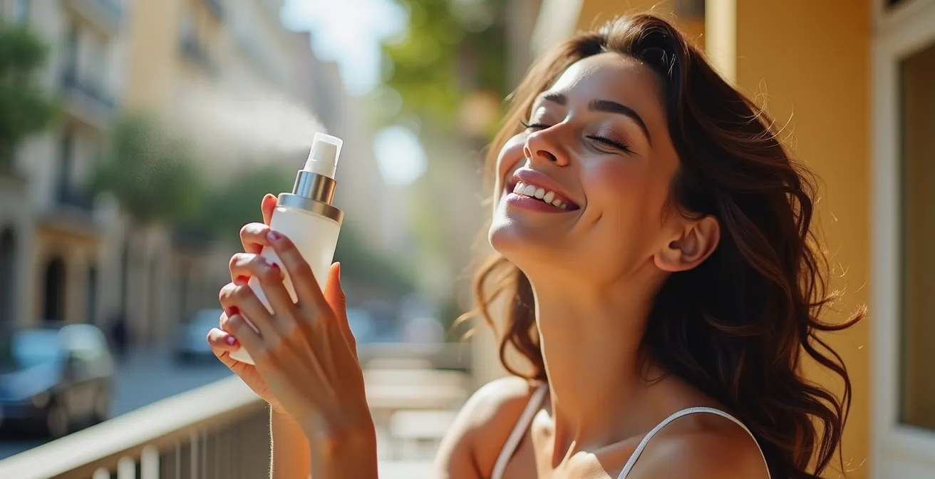 Mujer aplicando una bruma protectora facial con una ciudad mediterránea como Barcelona desenfocada al fondo.