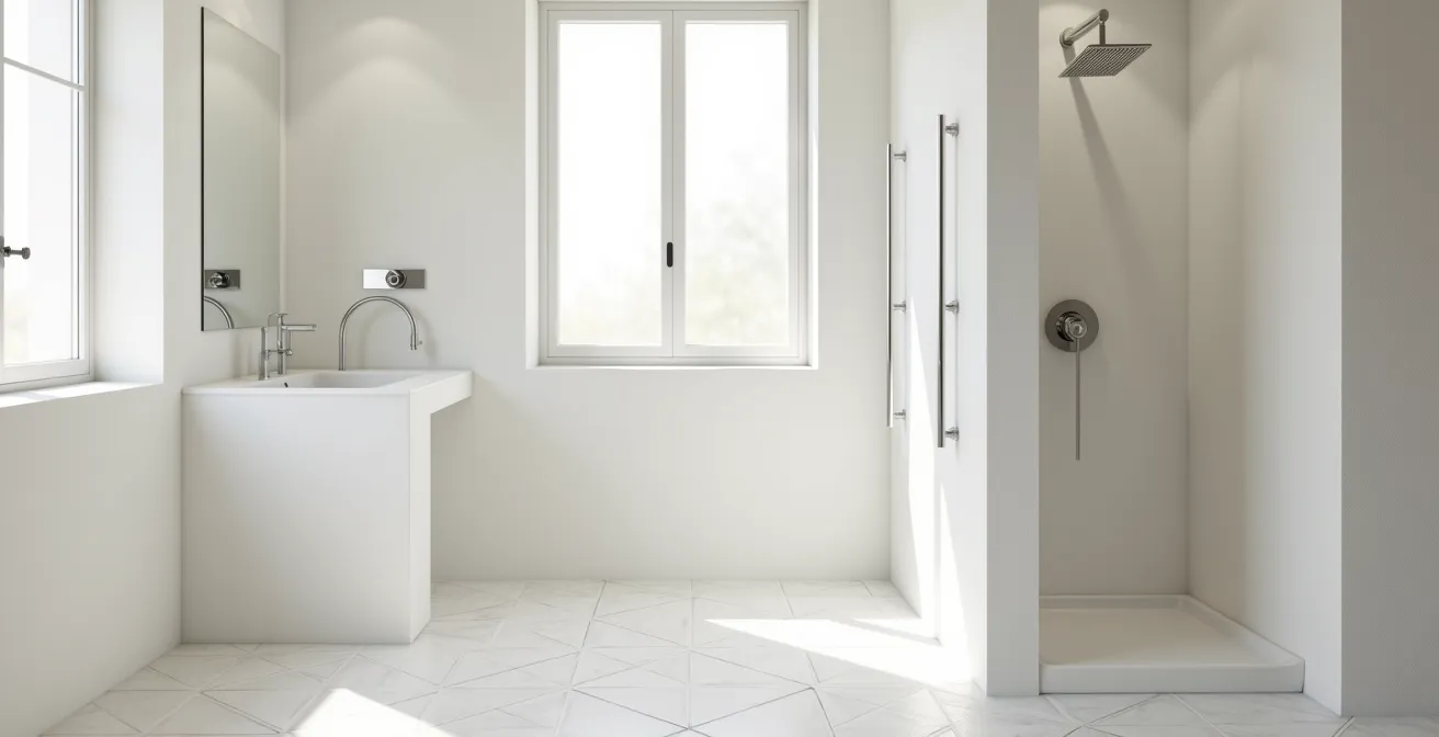 Baño moderno adaptado con ducha accesible y barras de apoyo