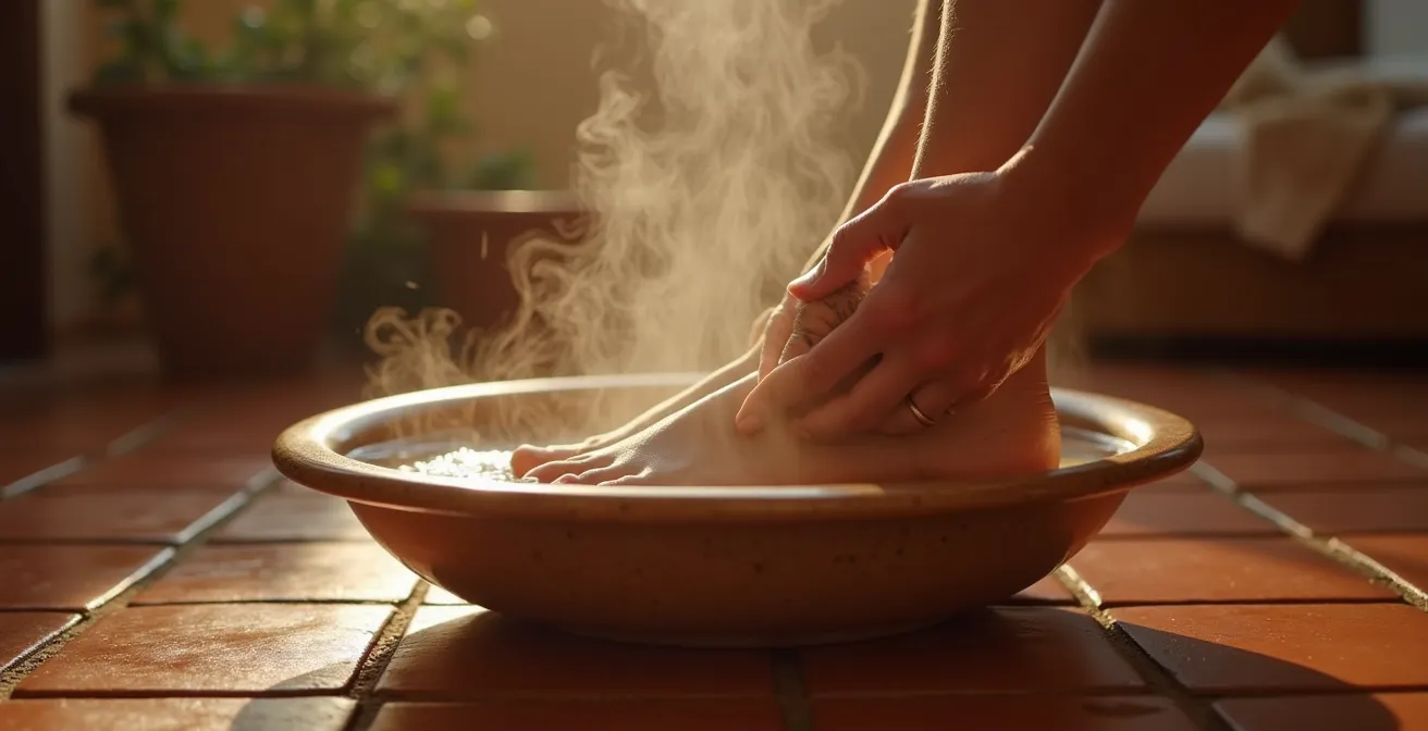 Baño de pies en palangana tradicional española con agua templada antes de dormir