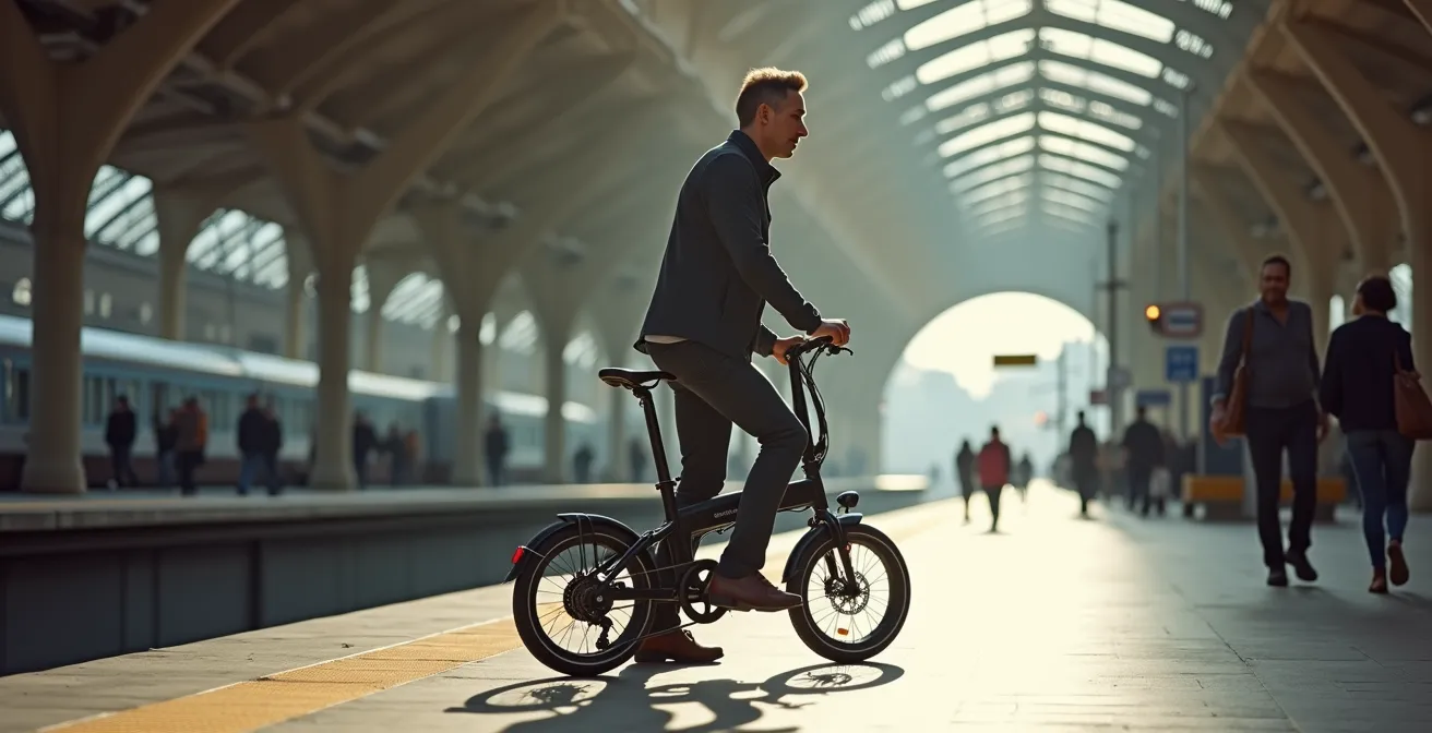 Persona plegando bicicleta eléctrica compacta en andén de estación de Cercanías