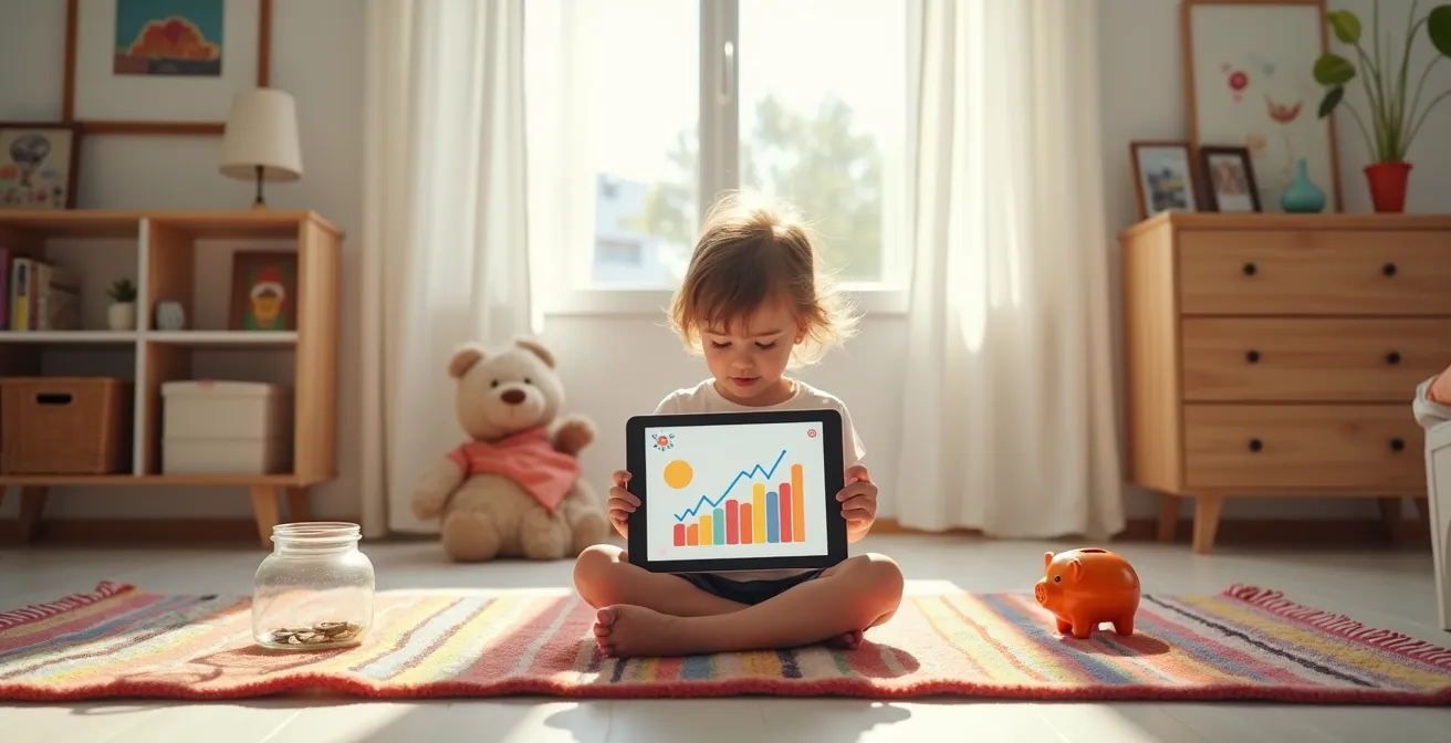 Una niña observa el crecimiento de sus ahorros en una aplicación móvil gamificada, simbolizando la transición del ahorro físico al digital.