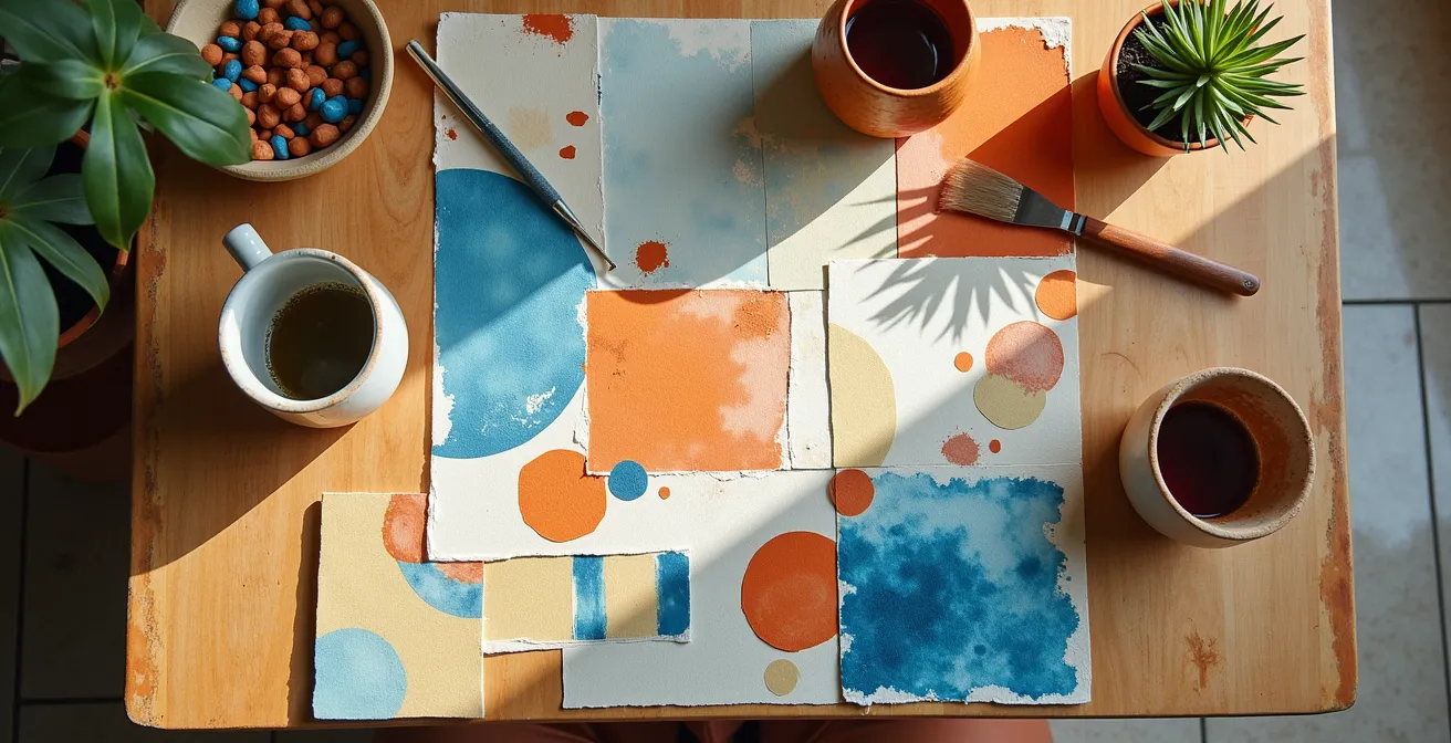 Mesa de trabajo con materiales artísticos y patrones inspirados en azulejos españoles