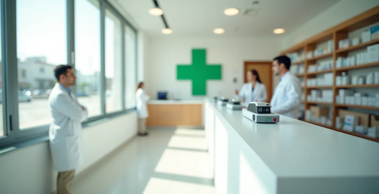 Interior de farmacia española moderna con zona de calibración de dispositivos médicos