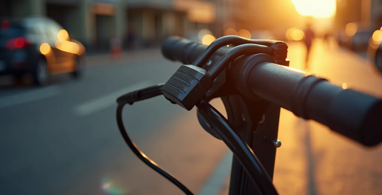 Candado en U de alta seguridad asegurando un patinete eléctrico a un poste urbano