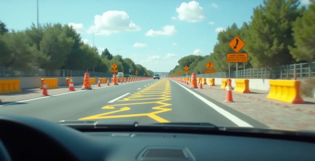 Vista desde el interior del coche de una carretera española con señalización temporal de obras