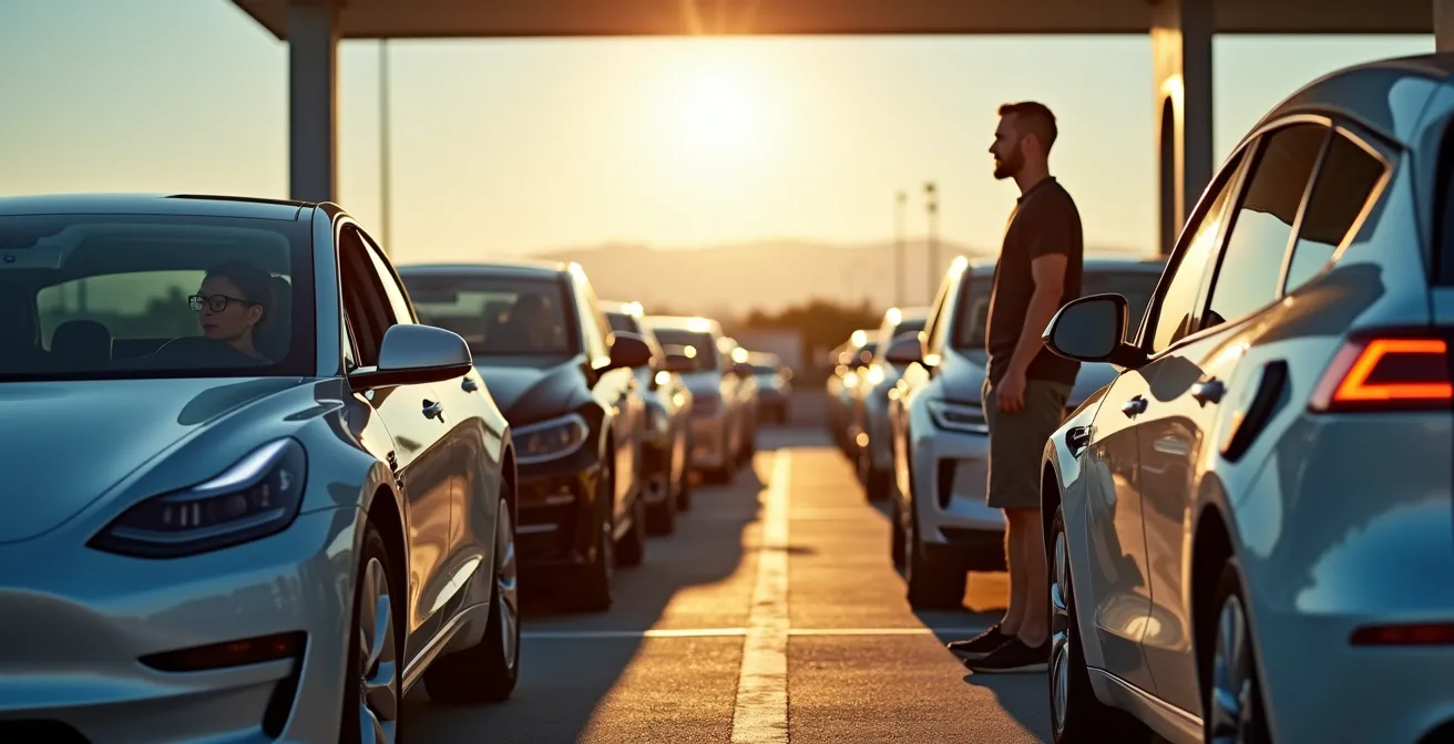 Área de servicio con varios coches eléctricos esperando turno para cargar en una estación de carga ultrarrápida durante el verano