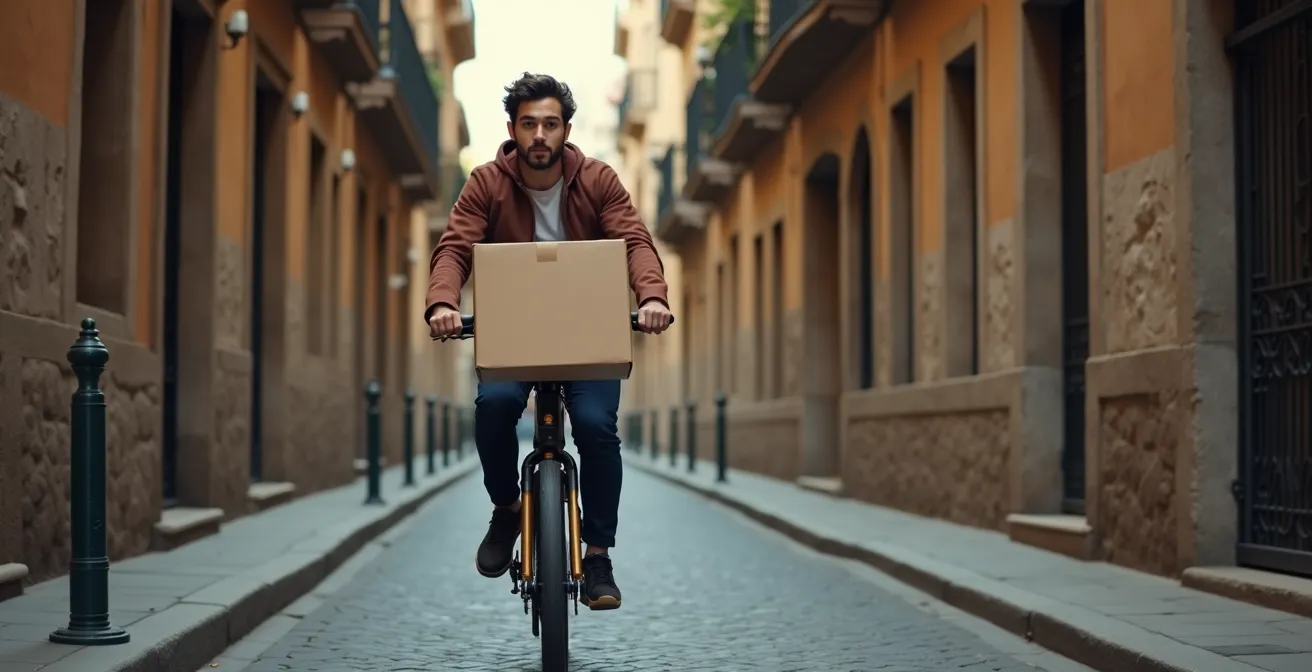 Cargobike eléctrica navegando por calles estrechas del Barrio Gótico de Barcelona