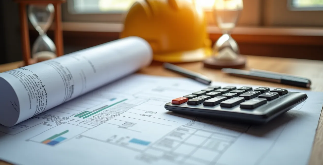 Documentos de contrato y planos de reforma sobre mesa de trabajo con calculadora y bolígrafos