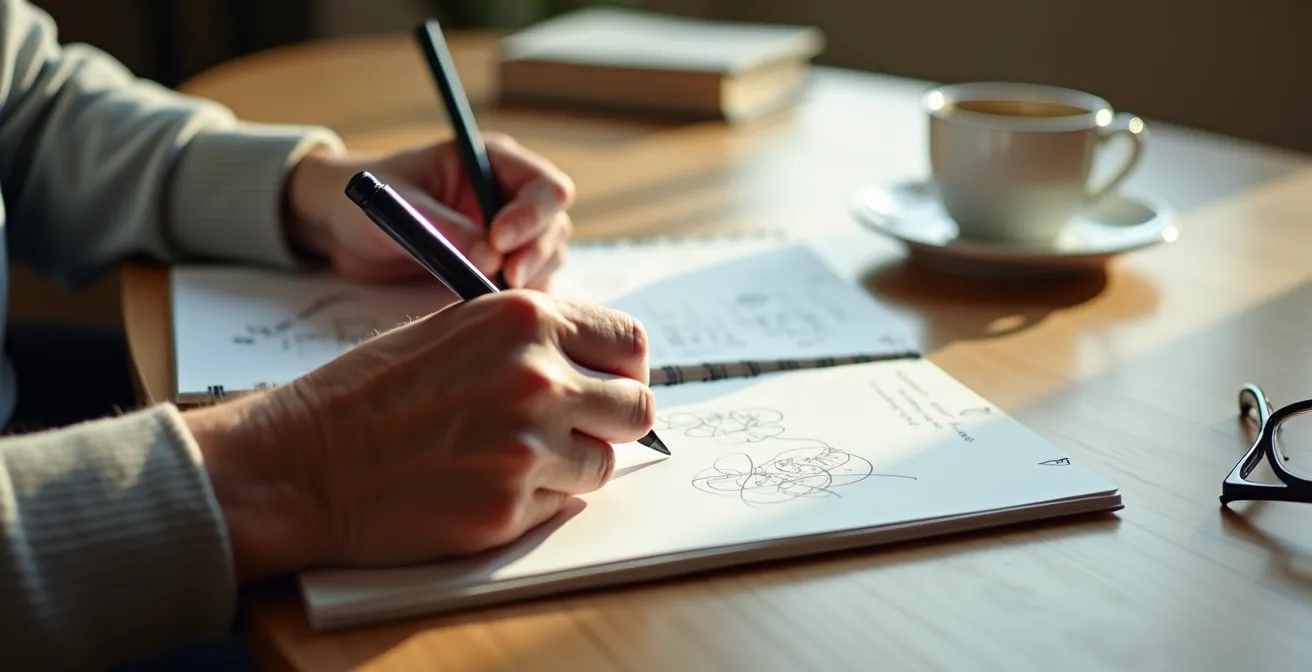 Manos de persona mayor escribiendo en cuaderno con notas sobre tecnología