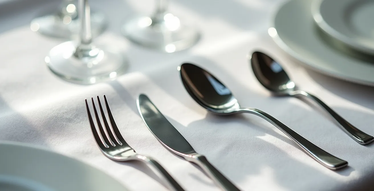 Disposición perfecta de cubiertos y copas en mesa de restaurante con estrella Michelin