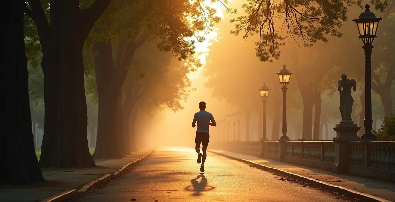 CEO corriendo en un parque urbano español como el Retiro de Madrid al amanecer, simbolizando la inversión en salud cerebral.