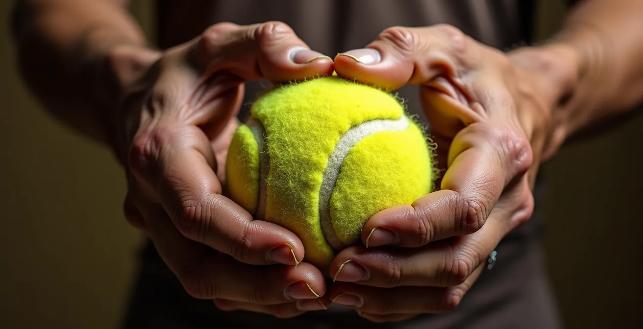 Manos de persona mayor ejercitando la fuerza de agarre con pelota de tenis