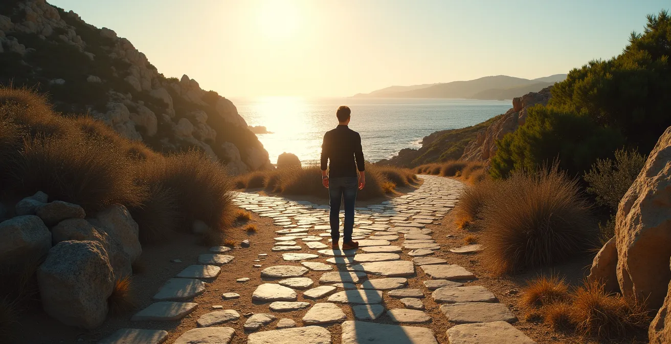 Dos caminos divergentes en un paisaje mediterráneo, uno oscuro y pesado, otro luminoso y liviano, simbolizando la diferencia entre obligación y elección