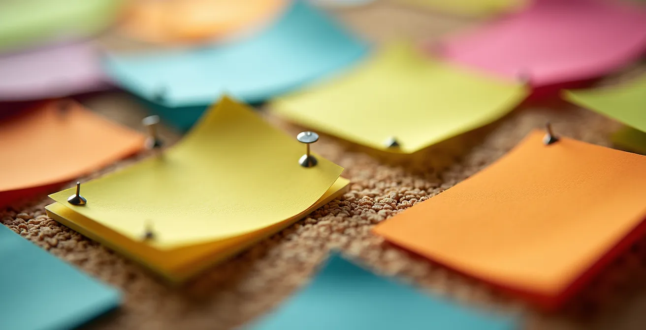 Equipo diverso trabajando con un tablero Kanban físico en un ambiente de taller