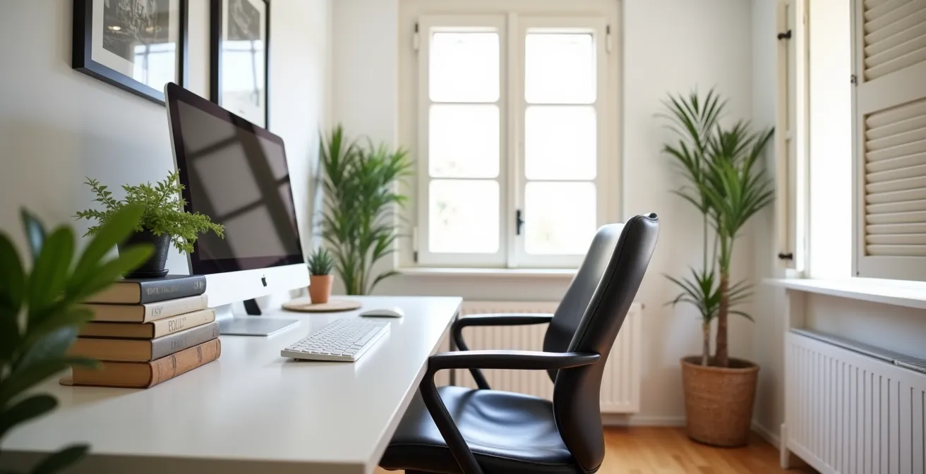 Espacio de trabajo ergonómico en casa con monitor elevado y silla ajustable
