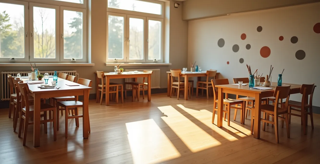 Sala de arteterapia con mesas individuales dispuestas en círculo