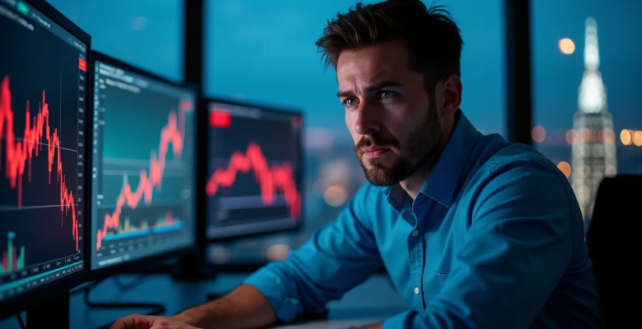 Pantalla de trading mostrando gráfico descendente de acciones biotecnológicas con trader analizando datos