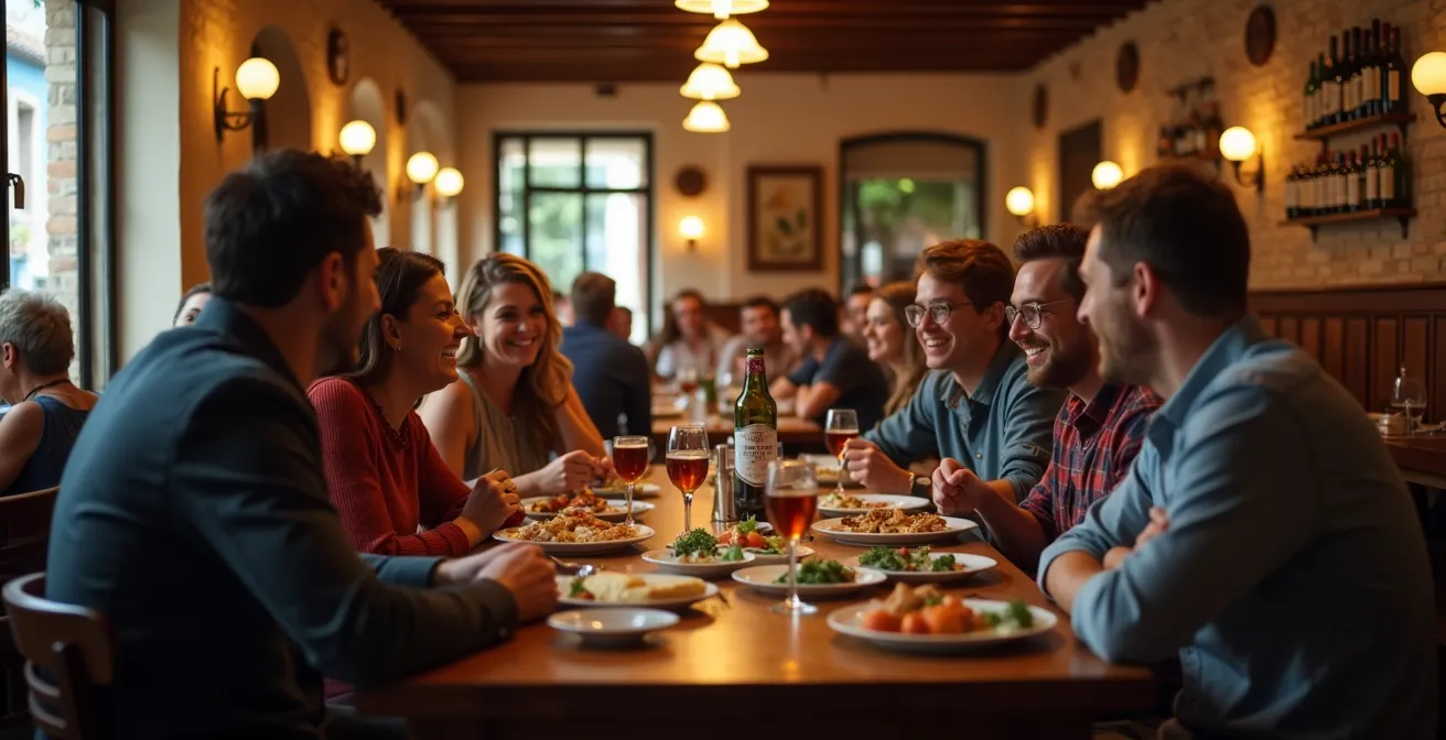 Grupo diverso de amigos disfrutando tapas en bar español con ambiente acogedor e inclusivo