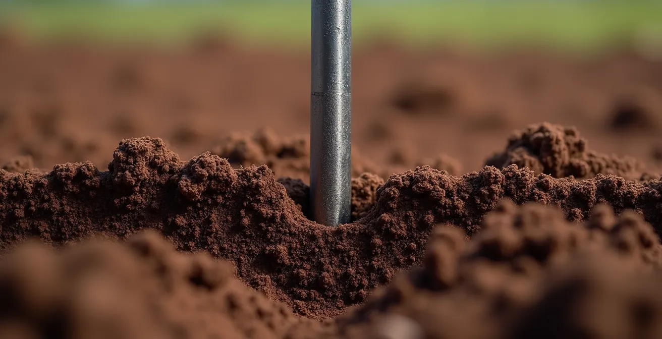 Detalle macro de una sonda de humedad insertada en suelo arcilloso mostrando la textura del terreno y el contacto perfecto con el sensor