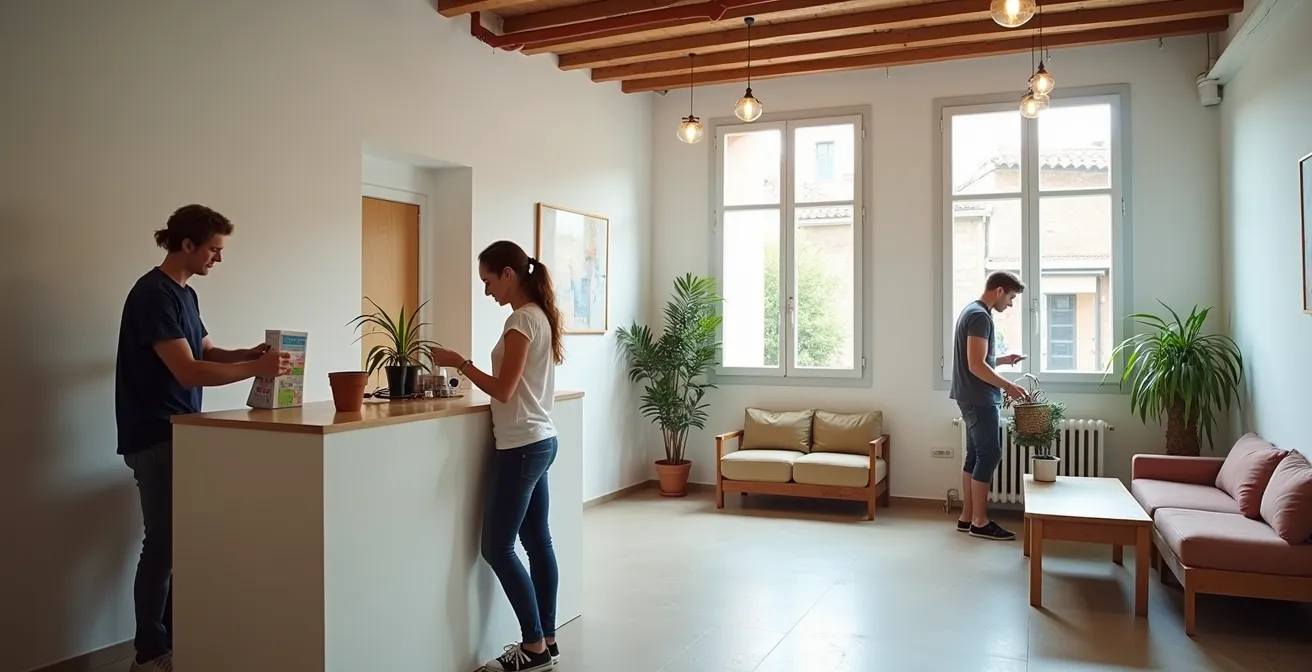 Jóvenes viajeros colaborando en la recepción de un albergue español