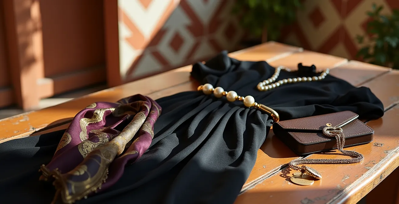 Conjunto de accesorios versátiles para eventos especiales dispuestos sobre superficie de madera clara