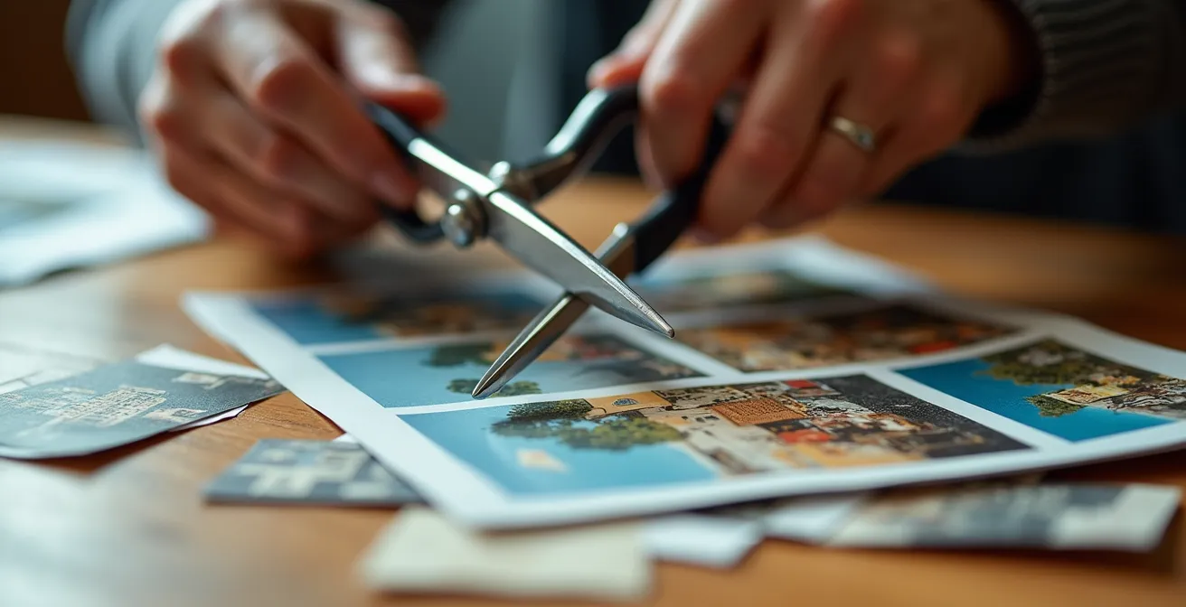 Manos recortando imágenes de revistas para crear collage sobre mesa de madera, materiales artísticos dispersos