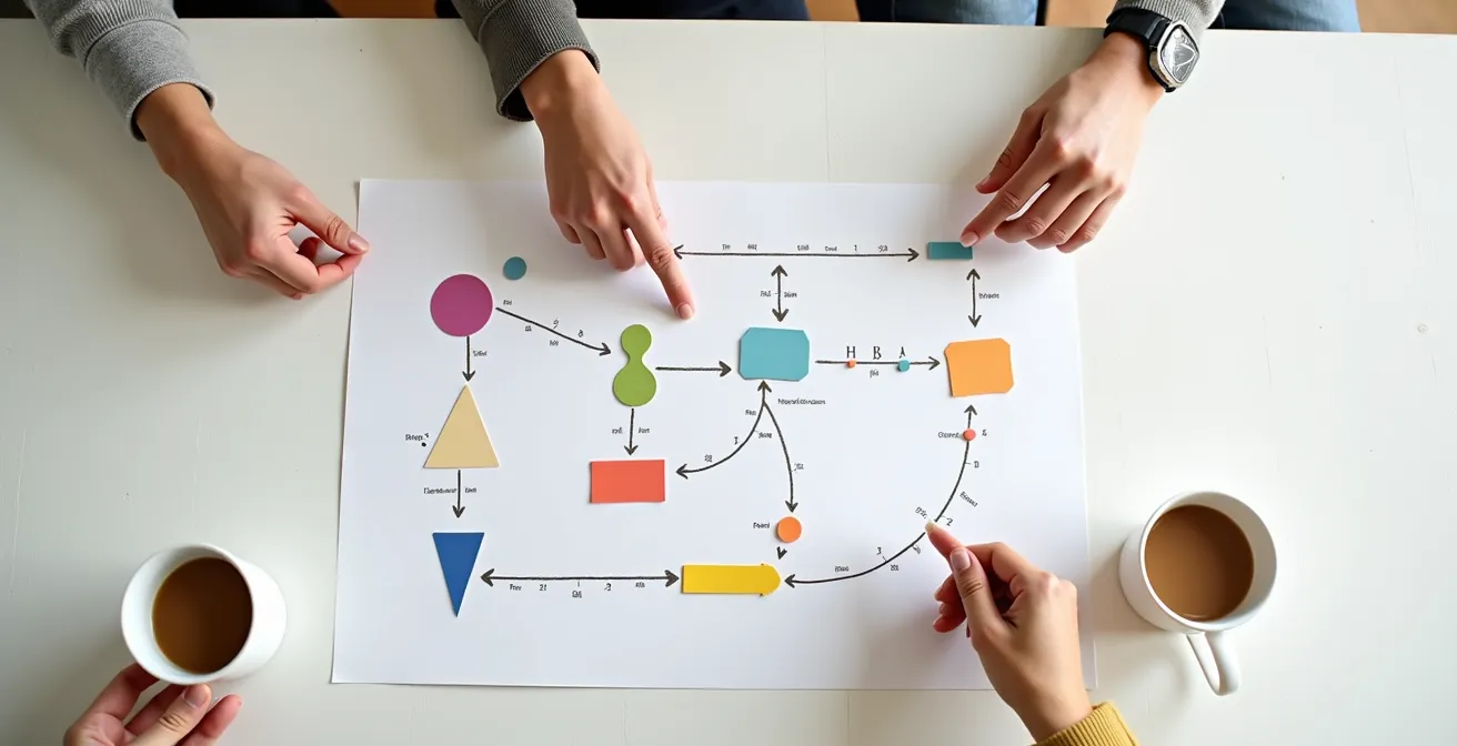 Vista aérea de mesa de trabajo con diagrama de flujo de procesos empresariales