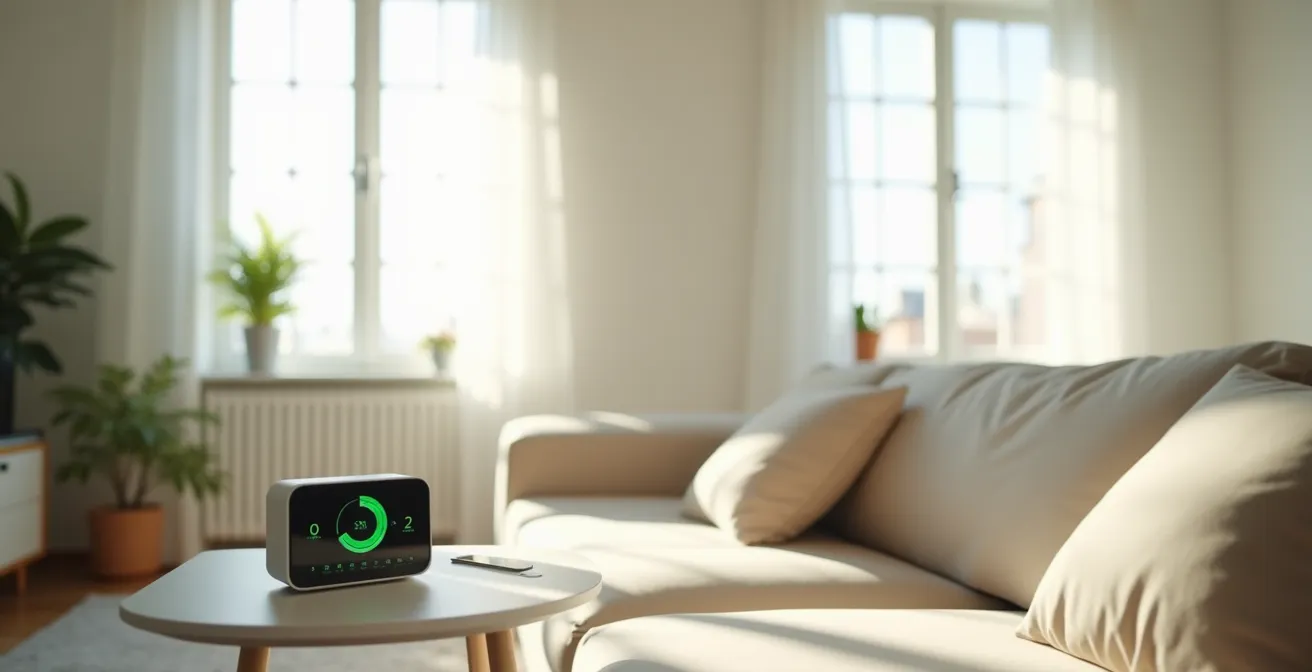 Medidor de CO2 mostrando niveles seguros con ventilación cruzada en un hogar