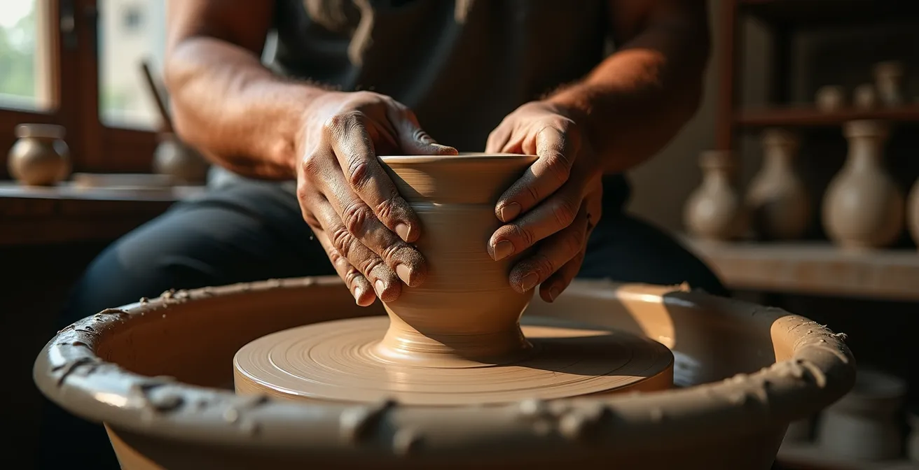 Manos de artesano trabajando cerámica tradicional en un taller rural español