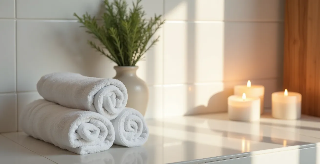 Espacio de baño minimalista con velas y ambiente relajante para autocuidado parental