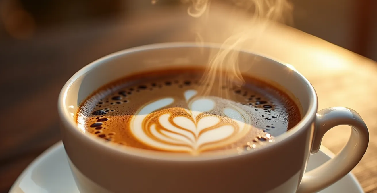 Primer plano macro de una taza de café con vapor formando espirales, luz dorada de tarde mediterránea creando patrones en la superficie