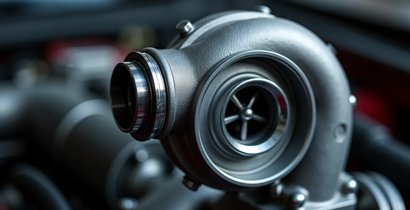 Detalle macro de los componentes de un motor turbo moderno, con herramientas de mantenimiento en segundo plano.