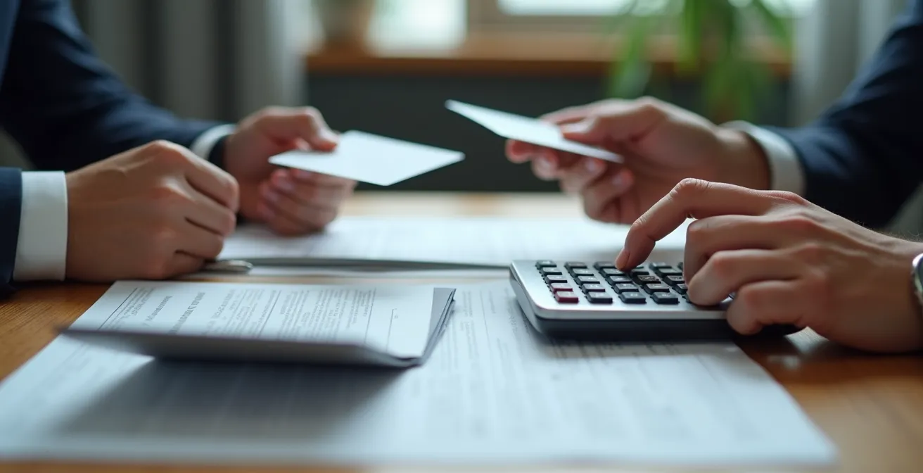 Mesa de negociación empresarial con documentos de comparativas y calculadora mostrando ahorros potenciales