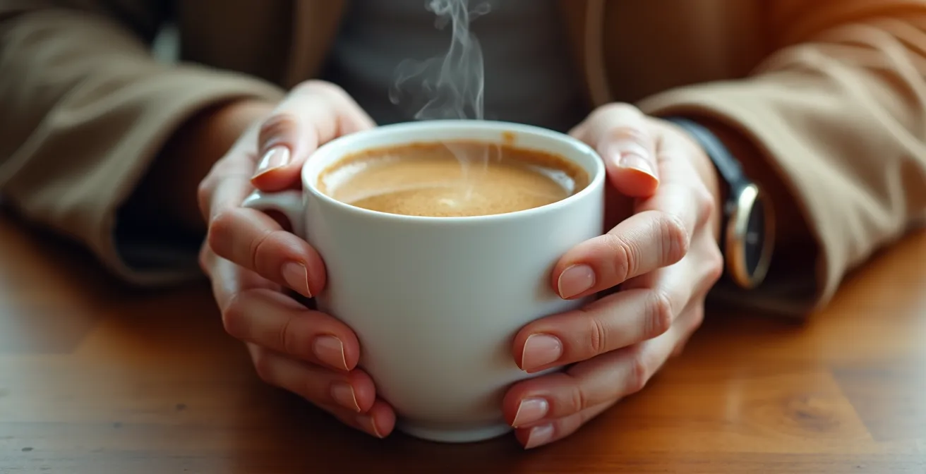 Manos sosteniendo una taza de café humeante en un ambiente de oficina sereno y desenfocado.
