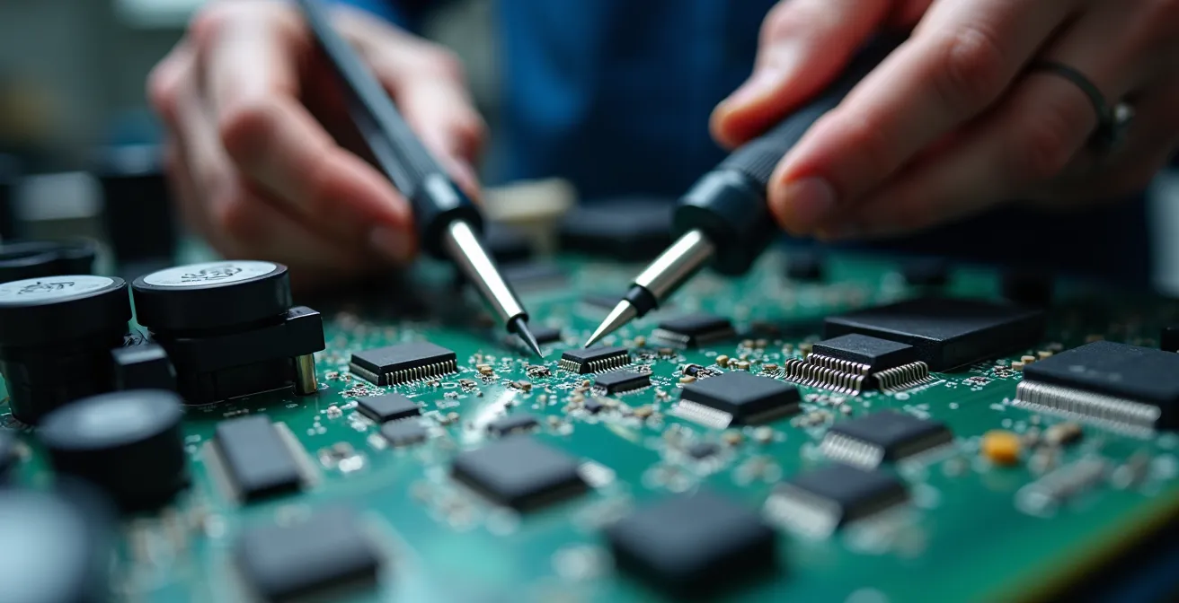 Perito técnico examinando componentes electrónicos de vehículo con herramientas especializadas