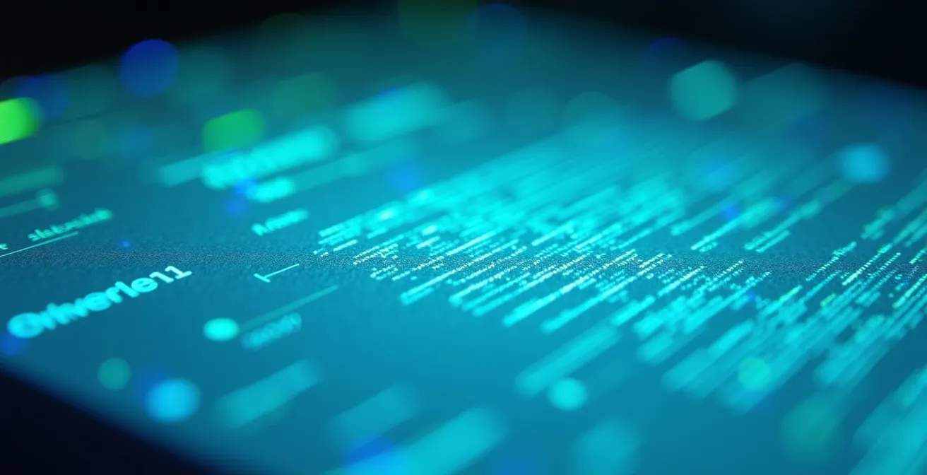 Vista macro de documento siendo procesado digitalmente con patrones de datos abstractos