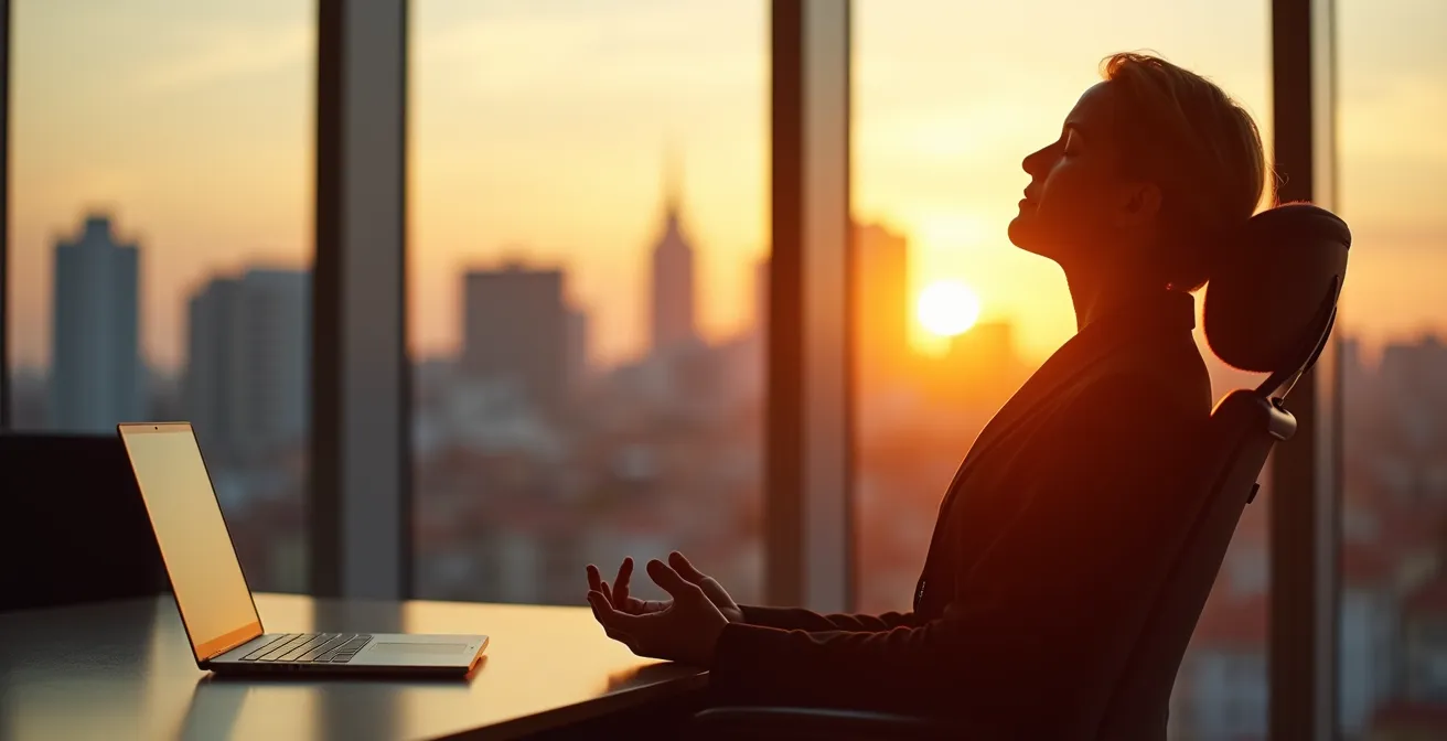 Silueta de un profesional meditando en su silla de oficina frente a una ventana con el atardecer sobre Madrid.