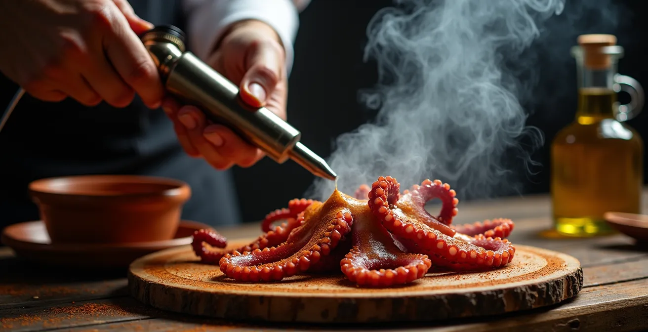 Pulpo a la gallega con técnica de ahumado y pimentón de la Vera