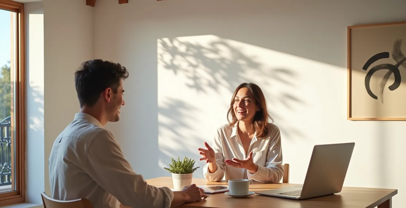 Equipo español en reunión virtual informal con ambiente relajado y cultural