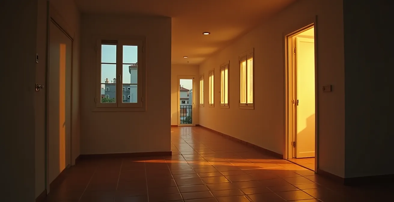 Interior de hogar español al atardecer con luces y persianas moviéndose automáticamente