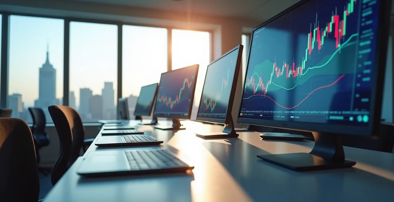 Panel de control digital con múltiples indicadores de mercado y alertas configuradas para monitoreo empresarial
