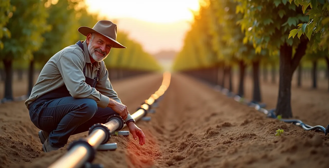 Vista de un sistema de riego por goteo automatizado en un campo de almendros al atardecer, mostrando las líneas de irrigación y la vegetación saludable