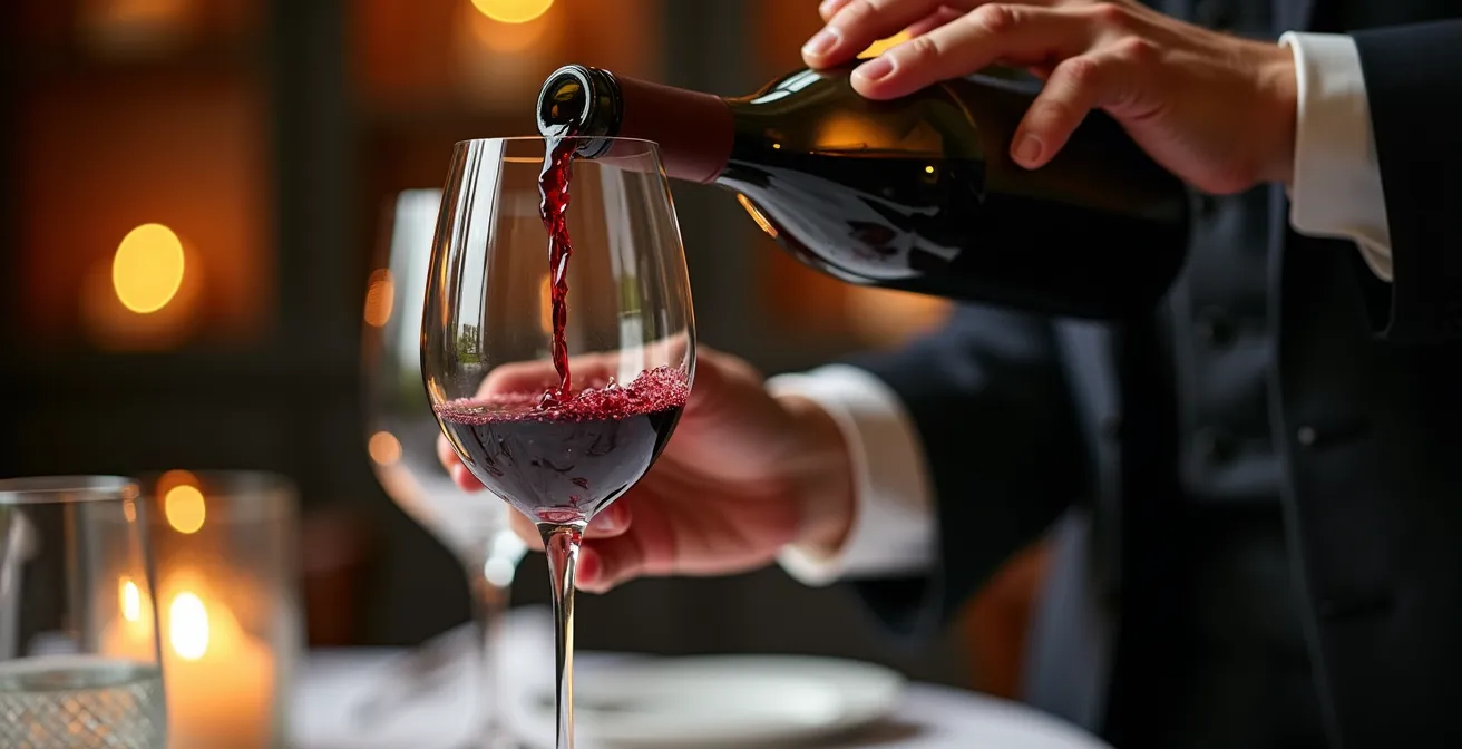 Sumiller profesional sirviendo vino en restaurante con estrella Michelin