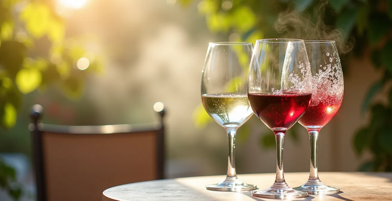 Detalle de copas de vino tinto con condensación mostrando temperatura fresca en verano