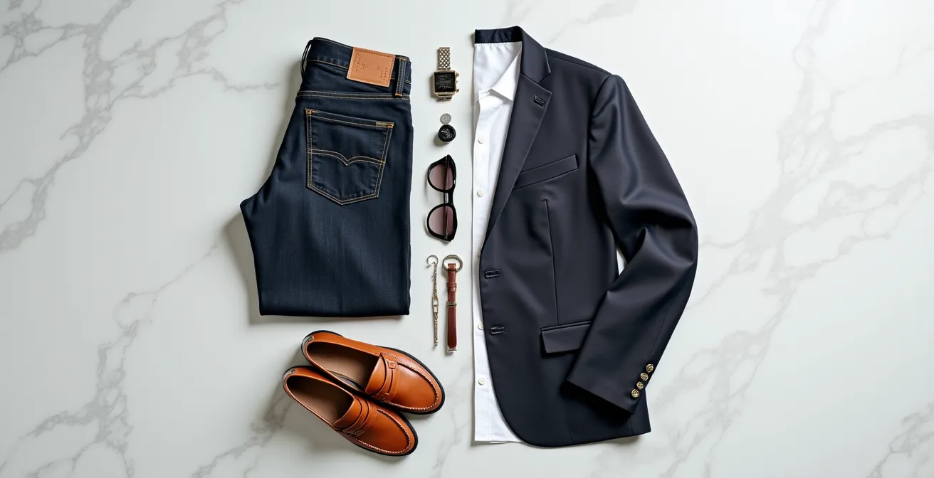Conjunto de ropa casual Friday profesional sobre superficie minimalista